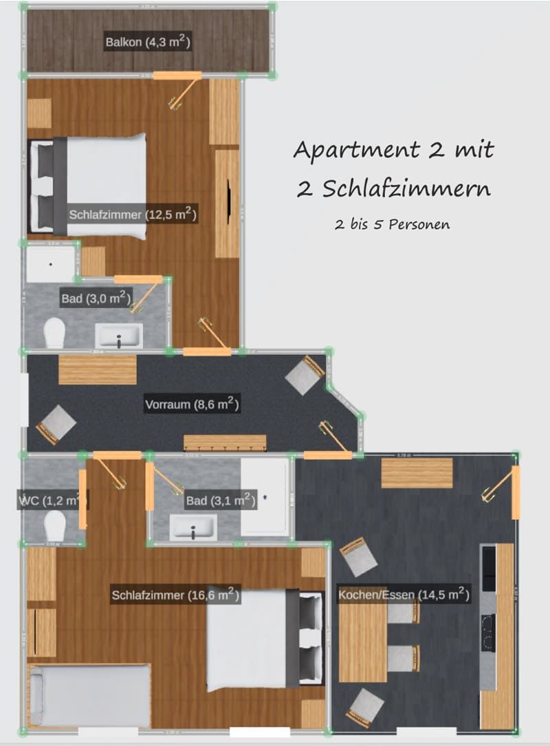 Grundrissplan von Appartement 2 im Berghof Steinbock