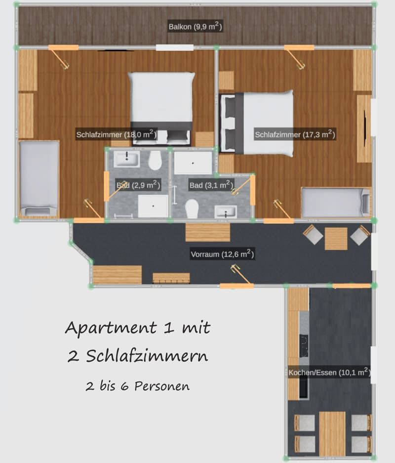 Grundrissplan von Appartement 1 im Berghof Steinbock